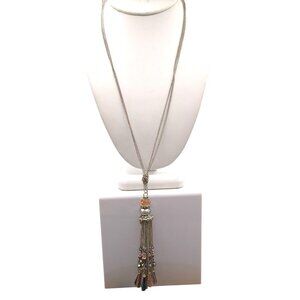 Crystal Chandelier Tassel Pendant Necklace, Soft Pink and Grey on Silver Tone